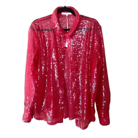 More To Come Wyatt Button Down Top in Hot Pink sequin blouse shirt Revolve - Picture 8 of 8